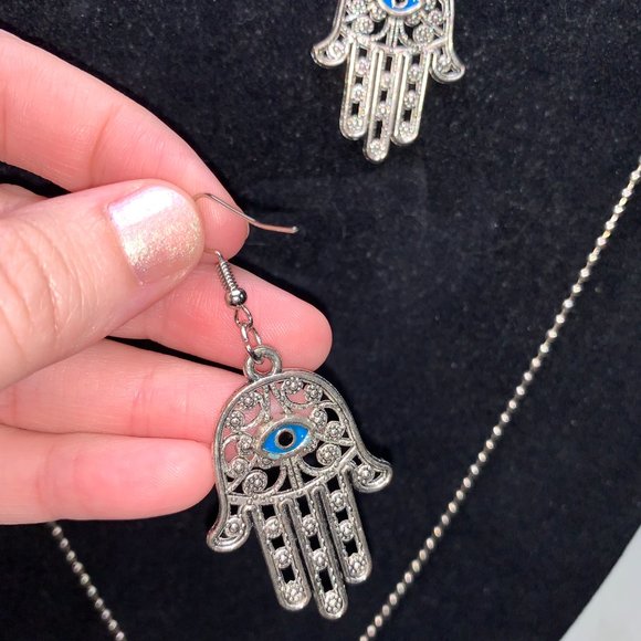 28" Ball Chain Necklace with Hamsa Pendant and Matching earrings, set - Picture 6 of 10